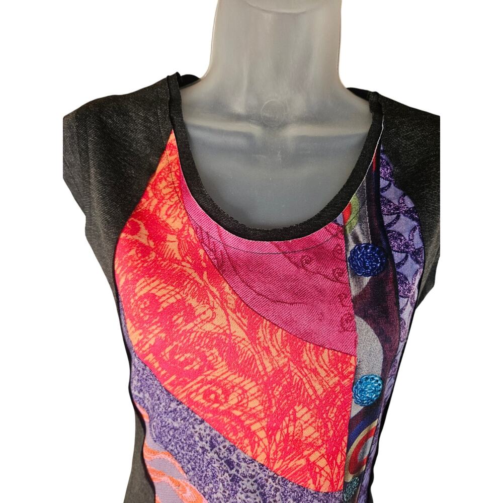 Designual Black Multi Color Abstract Designer Dress Sz XS Zip Back Scoop Neck - Picture 3 of 8